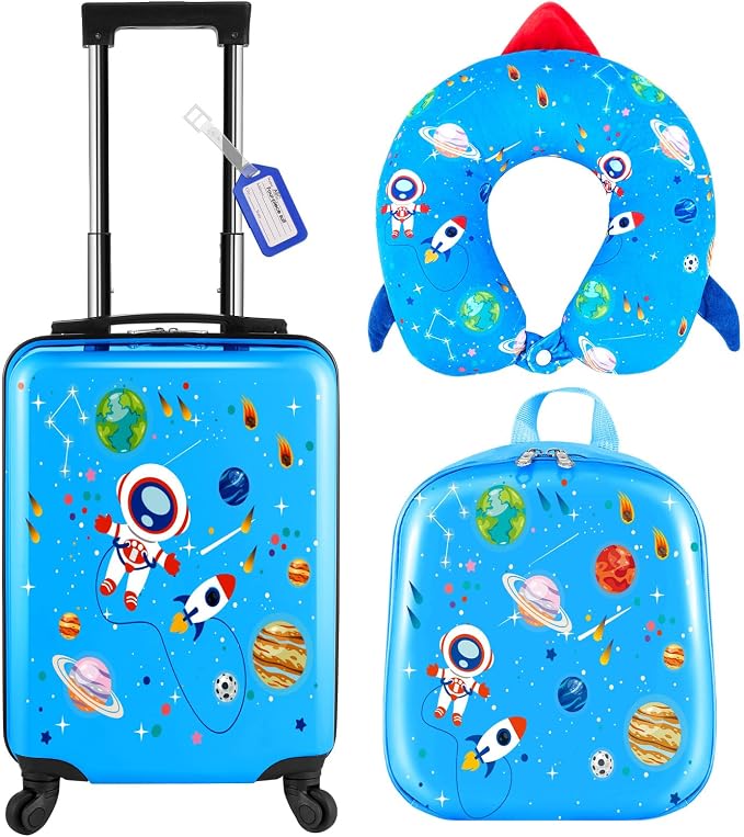 Sanwuta 4 Pcs Kids Luggage Set Back to School Gifts for Girls Boys Carry On Rolling Suitcase Backpack Neck Pillow Travel Set(18 Inch,Astronaut Style,Blue) by Sanwuta