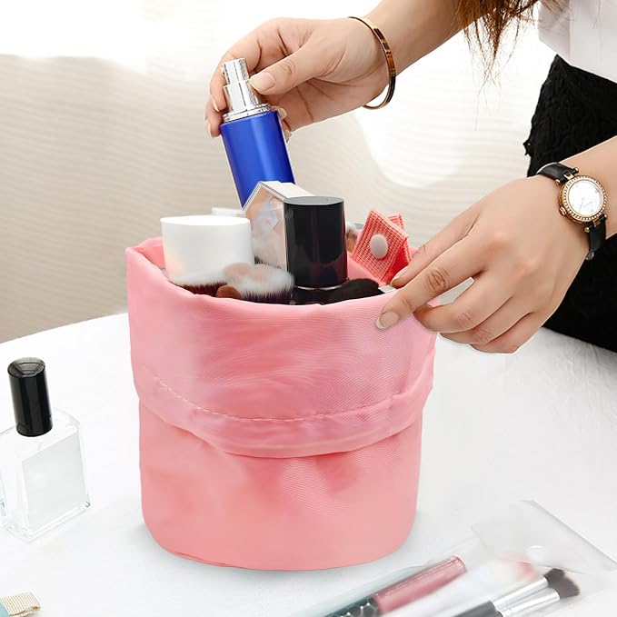 INVODA Drawstring Makeup Bag for Women Cosmetic Bag Large Travel Make up Bags Portable Barrel Toiletry Bag Toiletries Pouch Travel Cosmetic Organizer (Pink) - Image 4
