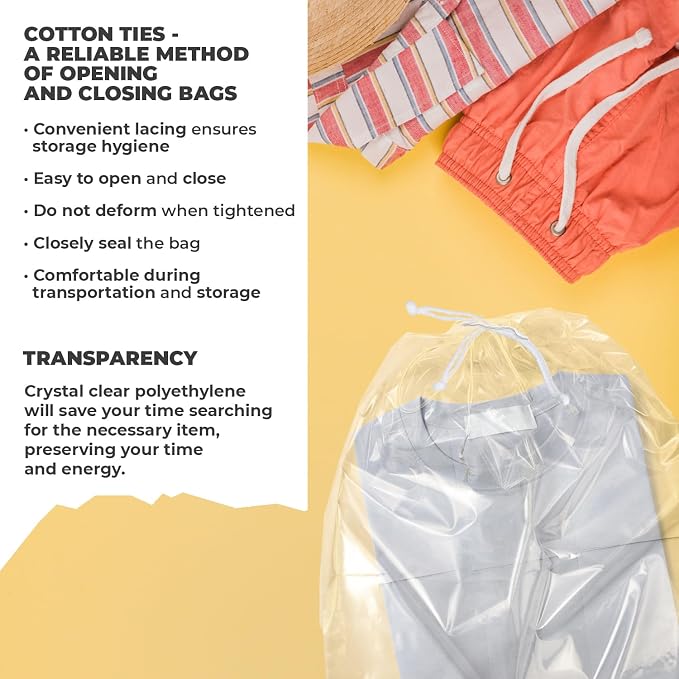 APQ Supply Drawstring Bags, Clear LDPE 2 Mil, Nylon Drawstring, Waterproof Storage & Travel Bags - Image 4