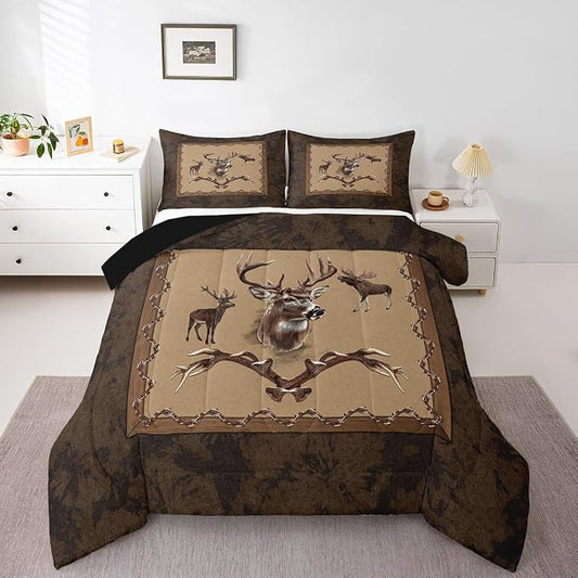 Erosebridal Farmhouse Deer Comforter Sets for Kids Boys Girls Southwestern Bedding Set Full Size Rustic Hunting Animal Quilt Moose Deer Down Comforter with 2 Pillow Shams Bedroom Decor by Erosebridal