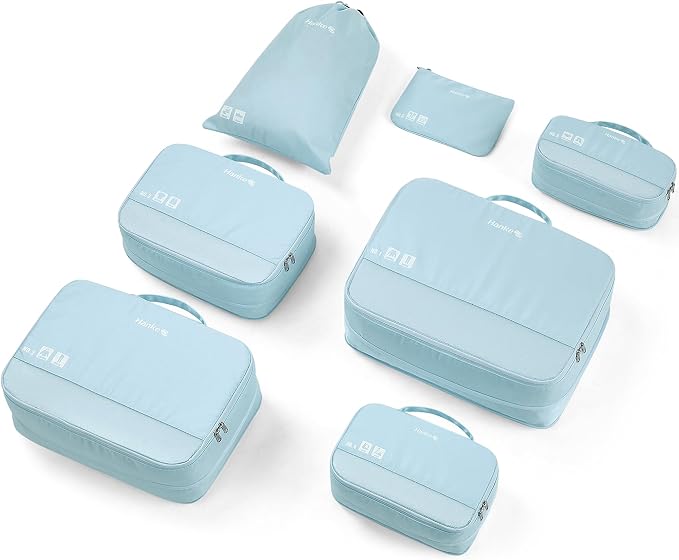 Hanke 7 Piece Expandable Compression Packing Cubes, Premium Travel Packing Organizers for Suitcases/Carry On, Luggage Organizer Bags with Breathable Mesh & Label by Hanke