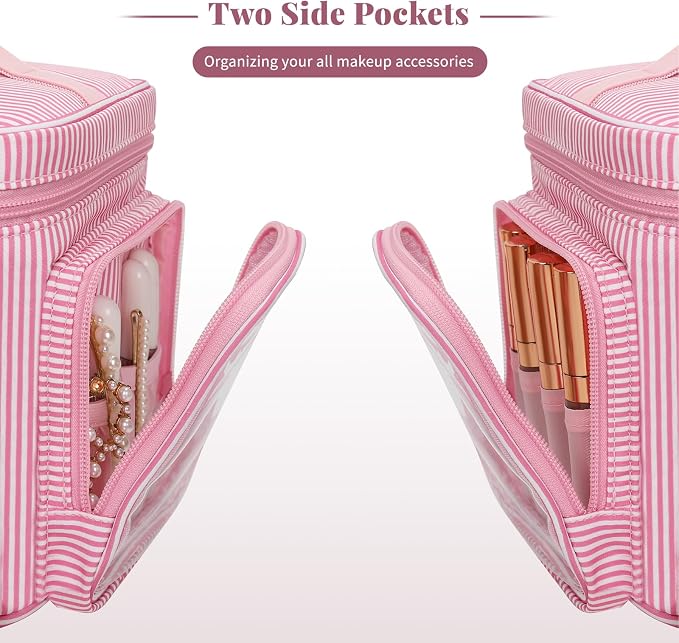 Large Makeup Bag, Portable Travel Makeup Bag Organizer for Women Girls with Makeup Brush Compartment & Two Side Pockets, Cosmetic Travel Bag Vertical Storage Toiletry Bag - Pink Stripe - Image 5