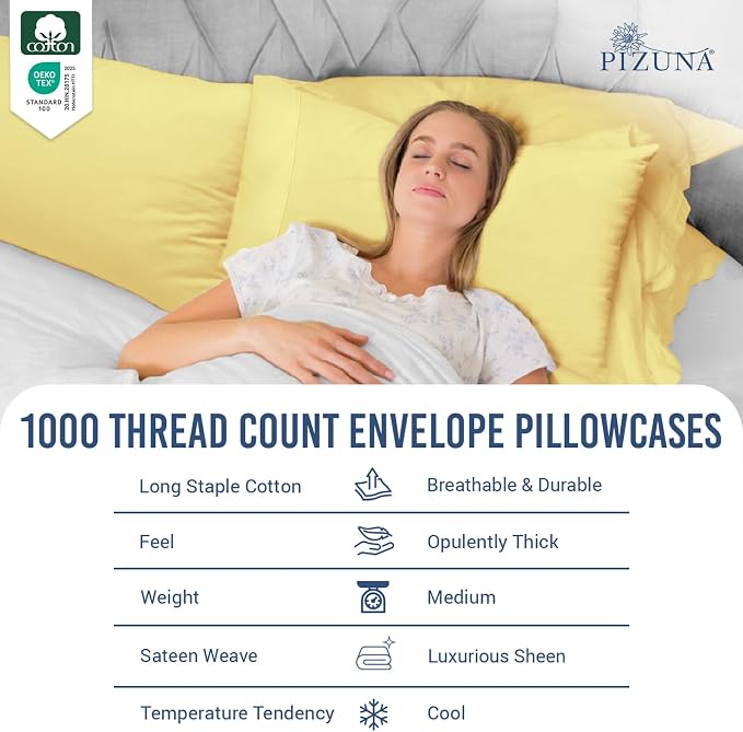 Pizuna 100% Cotton Pillow Cases Queen Size Set of 2 Luxury 1000 Thread Count Sateen Weave Long Staple Cotton Hotel Quality Envelope Closure Pillow Covers Fits Standard/Queen Pillows - Mellow Yellow - Image 2