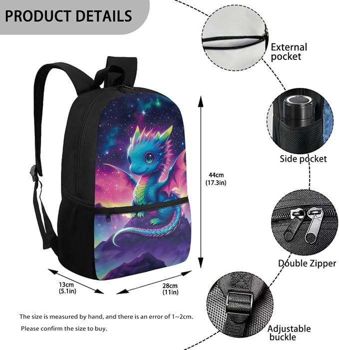 Dragon Backpack with Lunch Box Set Kids Book Bag for Elementary Boys 5 Pcs Backpack Set for School Pencil Case Bottle Holder Bookmark Kids Back to School Galaxy - Image 3