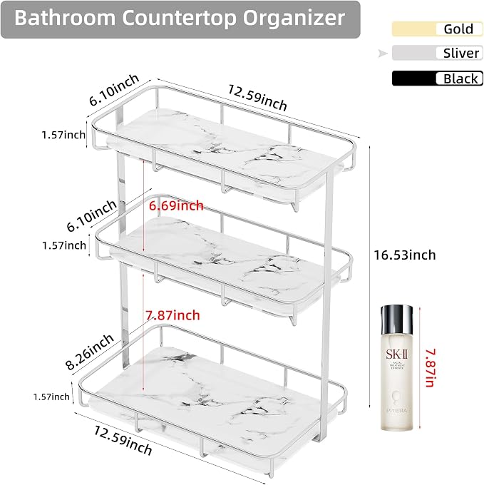 Bathroom Organizer Countertop Perfume Organizer Makeup Organizer Cosmetics Storage Display Rack Vanity Tray Dresser Stainless Steel Gold Shelf White Marble Ceramic Tray - Image 4