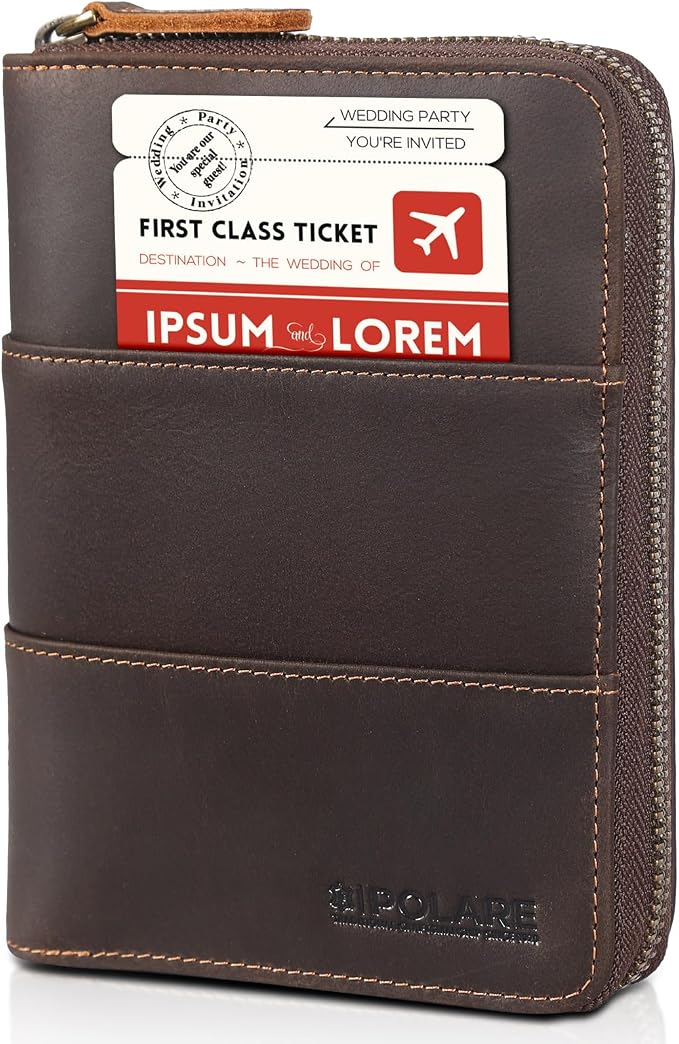 Polare Full Grain Leather Travel Passport Wallet with YKK Zipper and RFID Blocking Document Organizer Holder 2 Passports (Dark Brown) by polareoriginal