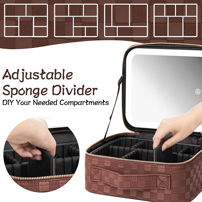 Extrei Gent Makeup Travel Train Case with Mirror LED Light 3 Adjustable Brightness Large Cosmetic Bag Portable Storage Adjustable Partition Waterproof Makeup Brushes Make up Jewelry Gift for Women - Image 4