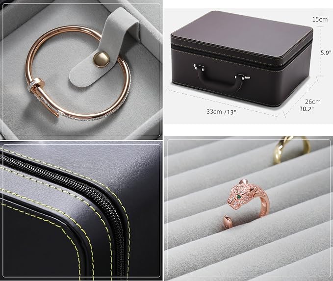 Jewelry Trays stacks Carriable with Handle Zipper Large Box Organizer Faux-Leather Accessory Case Storage(L3-BR) - Image 5