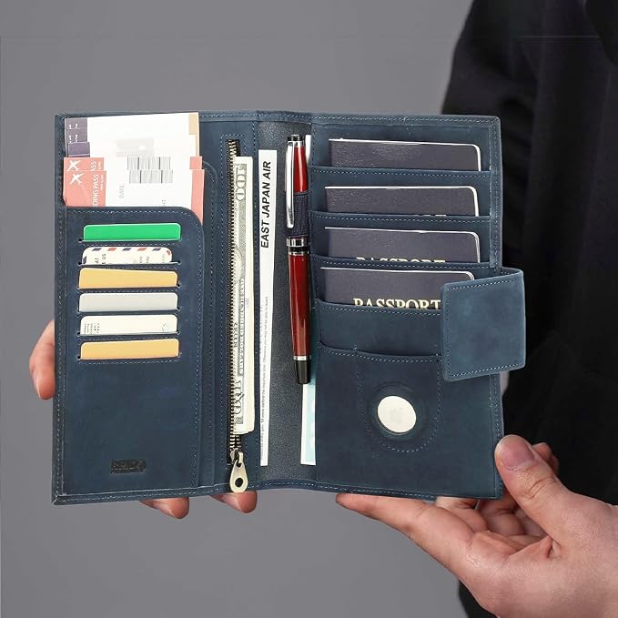 CONTACTS Full Grain Leather Family Passport Holder for 4 RFID Blocking Passport Wallet Compatible with Airtag Passport Cover with 4 Passport Slot, 6 Card Slot (Blue) - Image 2