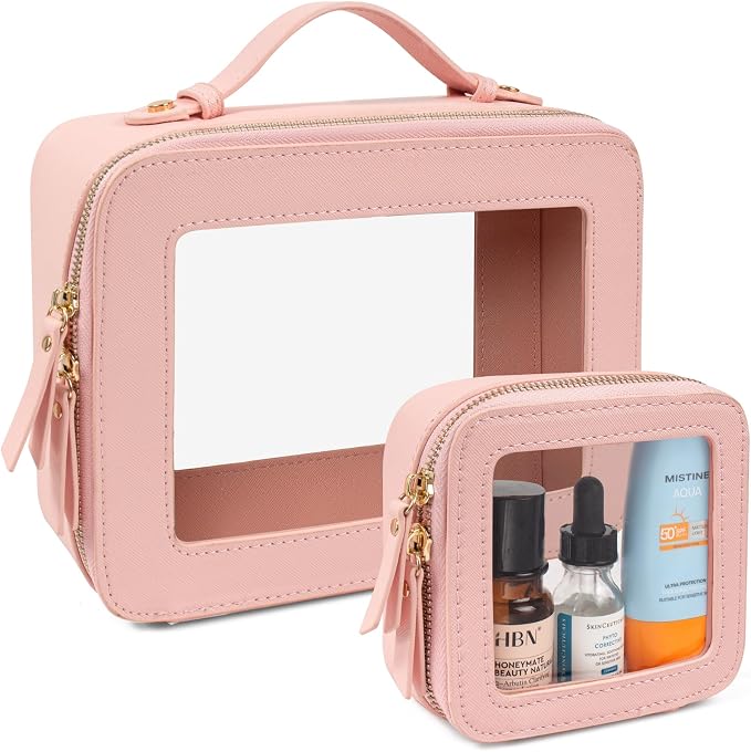 LETGO 2 Pack Clear Travel Toiletry Bag for Women, Large & Mini Waterproof PU TSA Approved Cosmetic Pouches, Portable Beach Vacation Makeup Organizer Set, See Through Skincare Sunscreen Bags for Women by LETGO