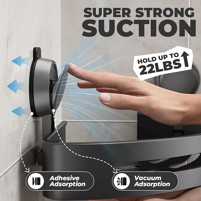 Corner Shower Caddy Suction Cup,Shower Shelves with Hooks,No Drilling Powerful Upgrade Suction Bathroom Corner Organizers and Storage,Removable Waterproof Rustproof Shower Shelf Bathroom Decor - Image 4