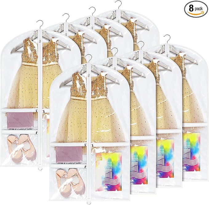 Univivi Dance Costume Bags Garment Bag 40 Inch Hanging Clothes for Dance Competitions, with 3 Medium Clear Zipper Pockets for Dance Costumes, Closet Storage (White) - 8 Pack by Univivi