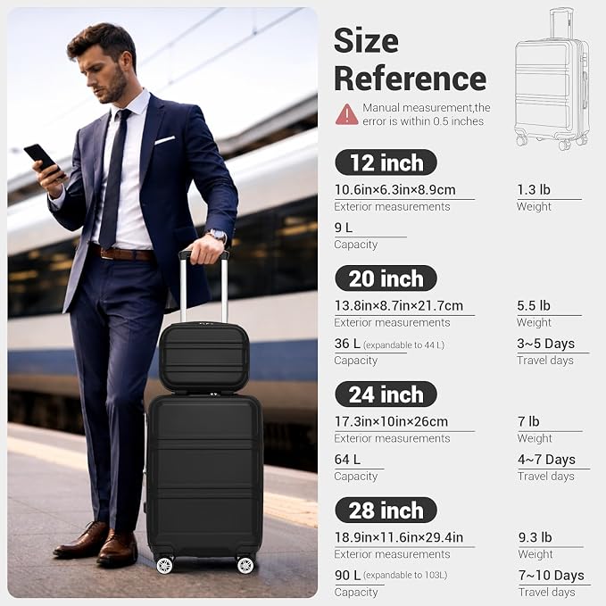 Kono Carry On Luggage Set Airline Approved with Spinner Wheels | Lightweight PC+ABS Carry On Suitcase with TSA Lock Durable Luggage Hardside Black - Image 9