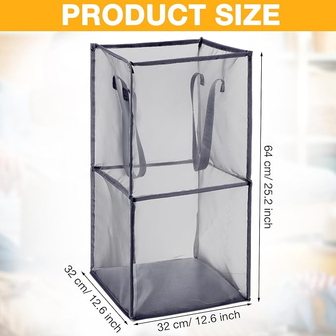 Zopeal 3 Pack Popup Laundry Hamper 13 Inch Collapsible Laundry Baskets with Handles Mesh Clothes Baskets Portable Foldable Clothes Hamper Square Bin for Washing (Grey,Double-layer) - Image 2