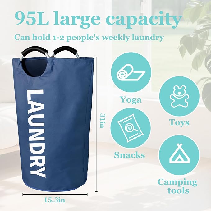 WOOHA 95L Large laundry basket,Collapsible laundry hamper, Tall Clothes Baskets Folding Washing Bin Foldable Fabric Hamper Bags for Bedroom, Closet,Bathroom,College,laundry bag,navy blue - Image 2