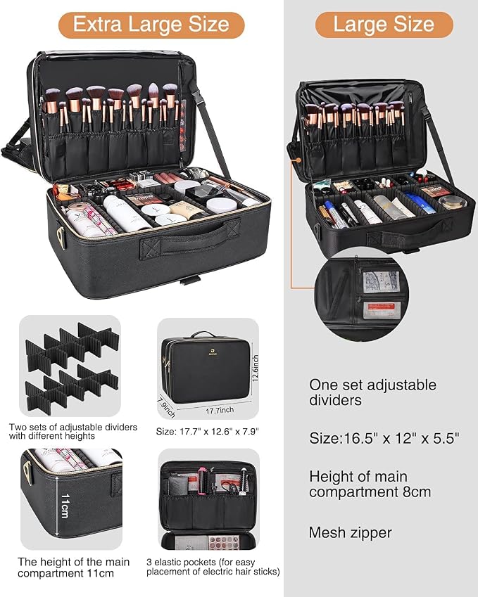 Relavel Extra Large Makeup Case Travel Makeup Bag Professional Leather Artist Bag Portable Cosmetic Brush Holder Organizer Nail Organizer Box with Adjustable Dividers - Image 4