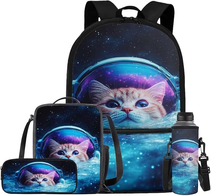 Astronaut Cat Backpack for High School Boys and Lunch Bag Multi-Functional 17-Inch Schoolbag Set Lightweight Bookbag for Boys & Girls, Perfect for Elementary & Middle School by Bivxisrvo