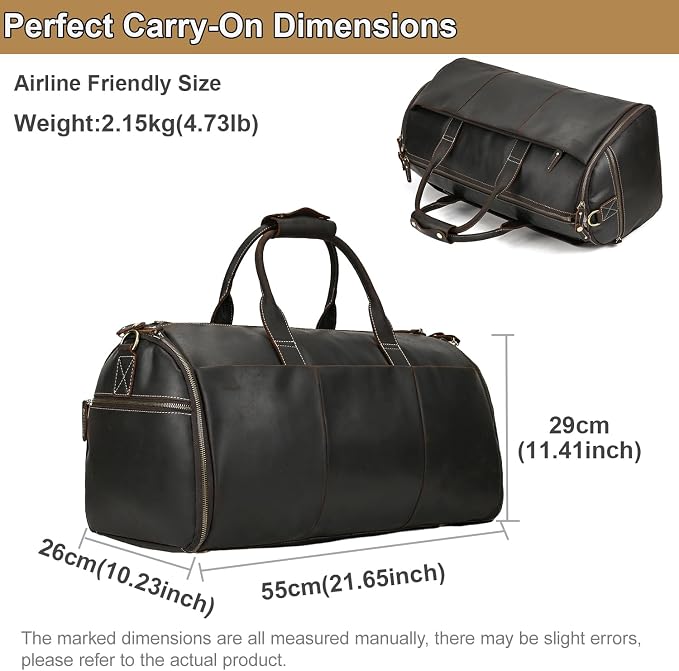 Full Grain Genuine Leather 2 in 1 Garment Dufflel Bag for Men Foldable Suit Carrier with Independent Shoe Compartment, Large Capacity Weekender Travel Bag for Business Trips, Dark Brown - Image 2