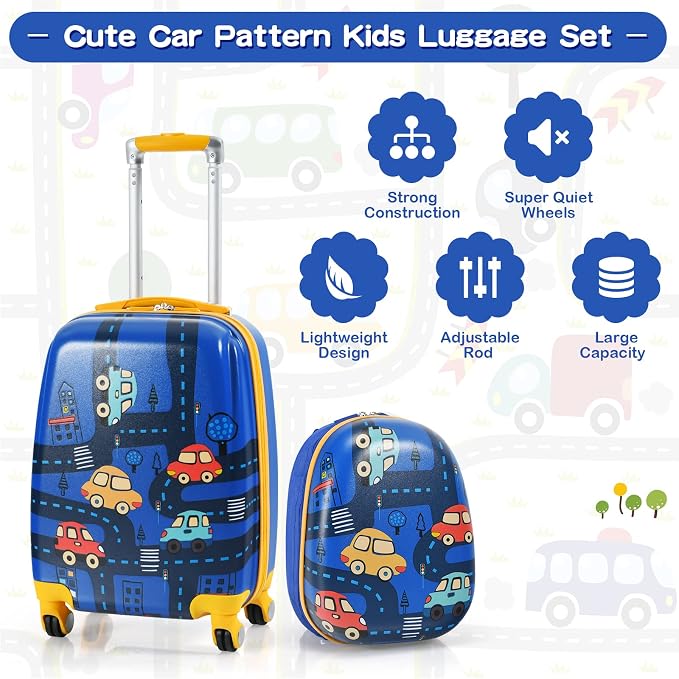 HONEY JOY Kids Luggage, 12" Toddler Backpack & 18" Travel Suitcase with Wheels, Lightweight Toddler Suitcase, Durable ABS Hardshell, 2Pcs Carry On Luggage Set for Boys Girls (Car) - Image 5