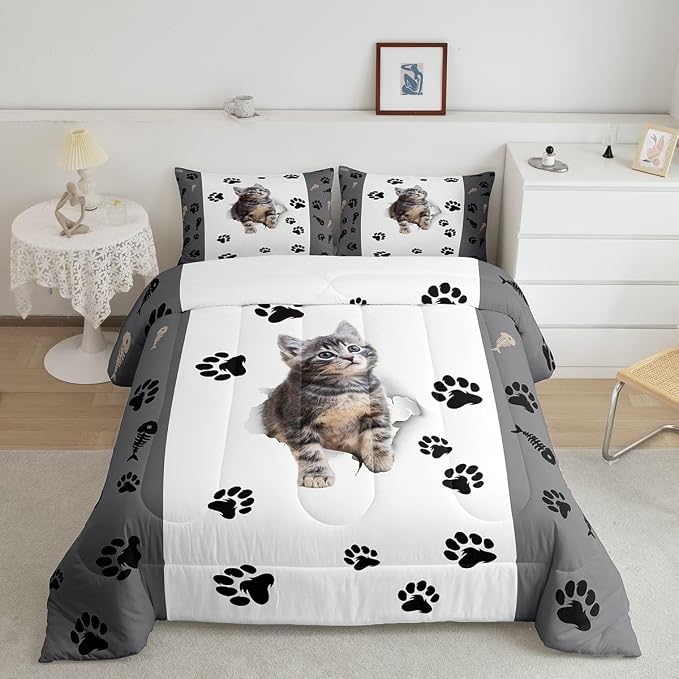 Erosebridal Kids Cat Comforter Set King,3D Cute Kawaii Cat Bedding Set Lovely Animal Kitten Paw Print Down Comforter Boys Cat Lovers' Bedroom,Fish Bone Decor Quilt Duvet Set 2 Pillow Cases, Multi 75 - Image 2