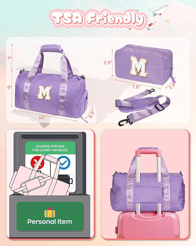 4 Year Old Girl Birthday Gifts-Girl Gym Bag with Shoe Compartment, Kid Personalized Weekender Overnight Bags, Initial Travel Tote with Makeup Pouch, Valentines Day Gift for Girls (Letter R) - Image 3