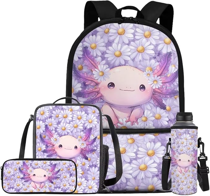 Daisy Axolotl Backpack for Girls Kids Backpack with Lunch Box Water Bottle Carrier with Strap and Big Pencil Case 4PCS Set Bookbag with Front Pocket for School 17" Sturdy Elementary School Bag by ELEDIZI