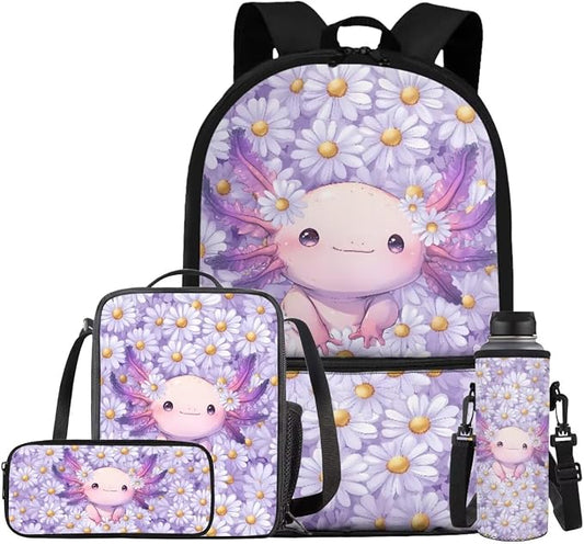 Daisy Axolotl Backpack for Girls Kids Backpack with Lunch Box Water Bottle Carrier with Strap and Big Pencil Case 4PCS Set Bookbag with Front Pocket for School 17" Sturdy Elementary School Bag by ELEDIZI