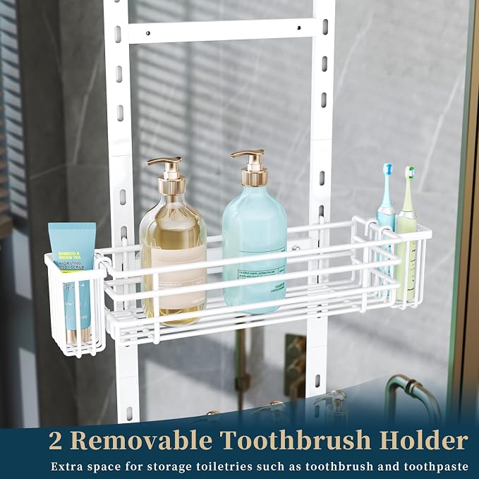 Consumest Over The Door Shower Caddy - 5 Tier Adjustable Shower Organizer Hanging with 2 Toothbrush Holders & 4 Hooks, Rustproof Organizer Shelf, Storage Rack for Bathroom, White - Image 3