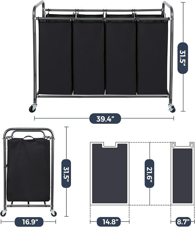 STO STO Laundry Sorter 4 Section, 4 Bag Clothes Hamper, Rolling Laundry Cart Basket with Heavy Duty Lockable Wheels and Removable Bag for Laundry Room, Bedroom, Closet, Black - Image 6