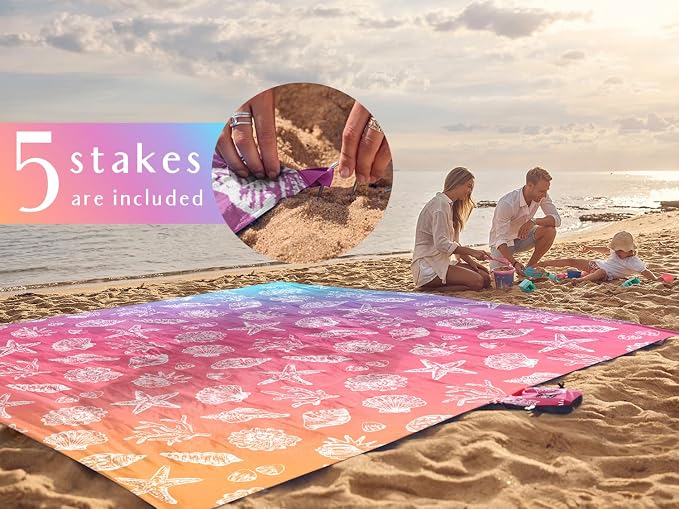 WEKAPO Beach Blanket Waterproof Sandproof Oversized, Extra Large Beach Mat Sand Free, Lightweight & Compact Sand Free Mat with 5 Stakes & 4 Corner Pockets - Image 6