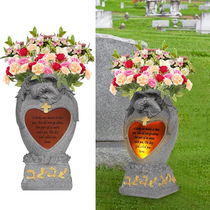 Cemetery Decorations for Grave,Cemetery vases for Grave,Decoration for Graves, Garden Angel,Cemetery vase with led,Family Garden Memorial Statue Funeral Gift, Angels Solar Lights,Crying Angel (Gray)