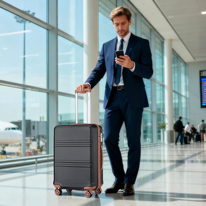 Kono 24 Inch Luggage Suitcase with Spinner Wheels TSA Lock | Lightweight PC+ABS Hardside Medium Checked Luggage Durable Rolling Suitcase Apricot Black - Image 2
