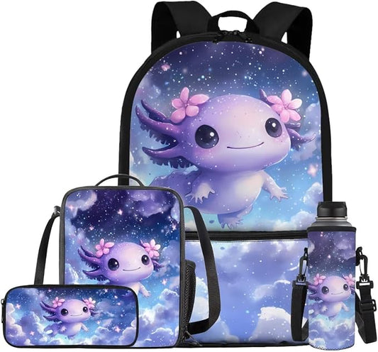 Galaxy Axolotl Backpack for Girls Kids Backpack with Lunch Box Water Bottle Carrier and Big Pencil Case 4PCS Set Bookbag with Front Pocket for School 17 inch Lightweight Elementary School Bag by ELEDIZI