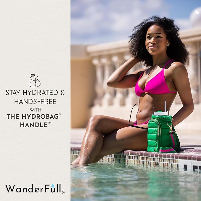 WanderFull Original HydroBag Handle® | Large Water Bottle Holder with Strap & Zipper Slot for Handle | Crossbody Tumbler Carrier Bag with Organizer Pockets | Kelly Green, Pink & Green Striped Strap - Image 2