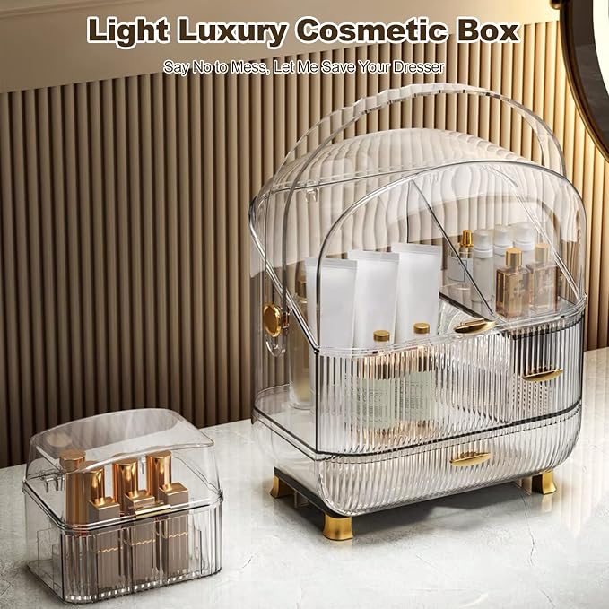 Ergocar Galatée Portable Retro Series Multi-Function Make Up Case Dustproof Cosmetic Storage Box,Cosmetics Skin Care Products Jewelry Organizer Finishing Box - High Transparency + Lipstick - Image 2