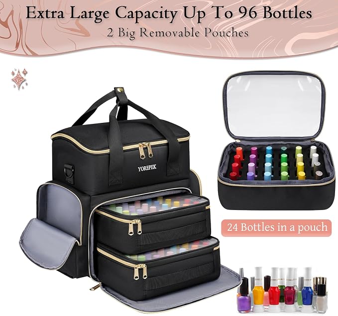 YOREPEK Nail Polish Organizer Bag Holds 48 Bottles (15ml/0.5 fl.oz) UV lamp | Nail Organizers and Storage with 2 Removable Pouches Fits Nail Supplies, Nail Tech Bag Gifts for Manicurist - Image 4