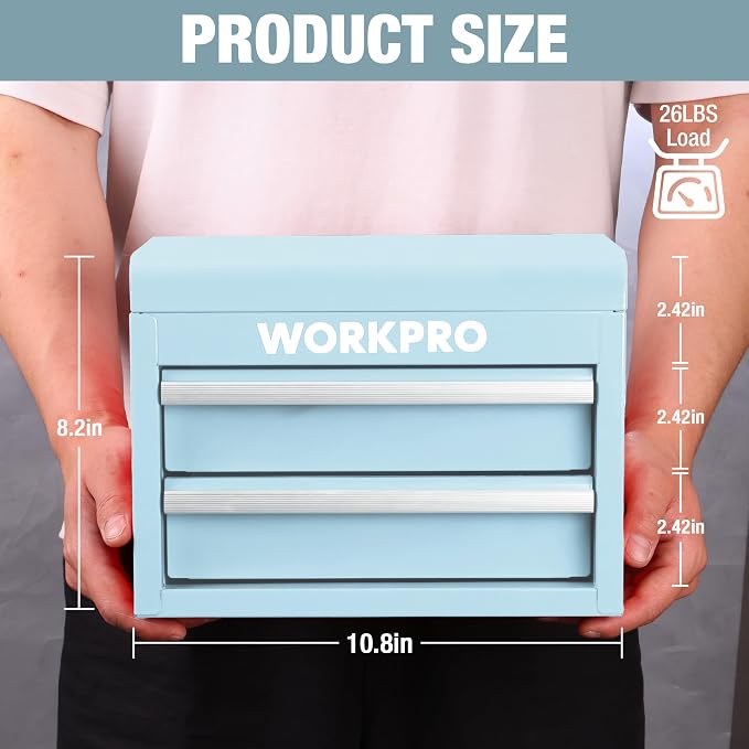 WORKPRO Metal Mini Tool Box with 2 Drawers and Top Storage | Cold Rolled Steel Toolbox, Ball Bearing Slides, PVC Drawer Liners, PP Feet Pads, Durable Storage - Image 2
