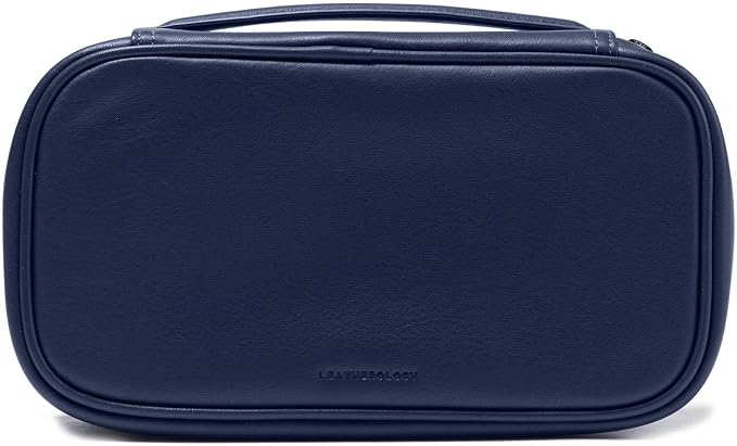 Leatherology Navy Blue Medium Leather Travel Organizer – Toiletry & Tech Case with Zipped Mesh Pocket, Elastic Loops & Water-Resistant Lining – Durable Storage for Everyday Travel - Image 6
