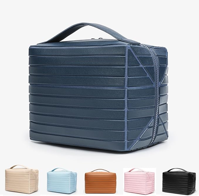 Makeup Bag Fold-Down – Waterproof PVC Travel Makeup Organizer Bag, Fold Down & Stand-Up Design, Large Capacity, Holds Brushes, Cosmetics & Toiletries for Travel, Gym, Home (Navy blue) by Unknown
