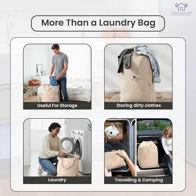 LFH Home Large Premium 1pack Cotton Rich Rich Canvas Laundry Bag with Drawstring and Handles Heavy Duty, Multi-Use, Washable for Home, Travel, College or Storage 18x26 -Natural - Image 5