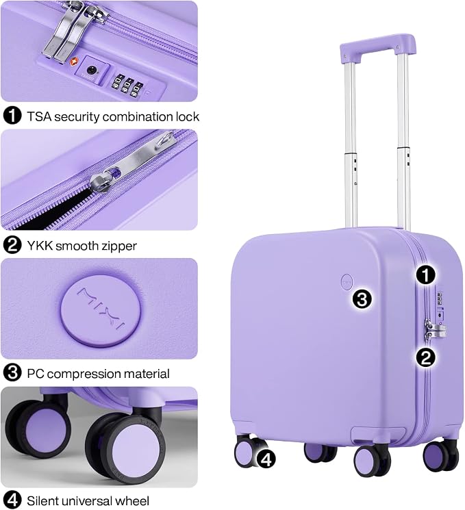 mixi Carry on Luggage, Suitcase with Spinner Wheels 16in Luggage Hardshell Lightweight Rolling Suitcases PC with Cover & TSA Lock, Lilac Purple - Image 4