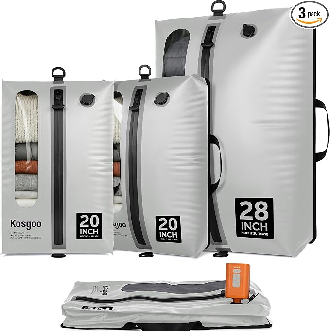 Vacuum Seal Bags for Travel with Pump, Light Grey, 20+20+28 | Reusable Nylon, Compression Packing Cubes, Space Saving for Carry-On Checked Suitcase & Backpack, Odor & Waterproof, 3 Pcs by KOSGOO