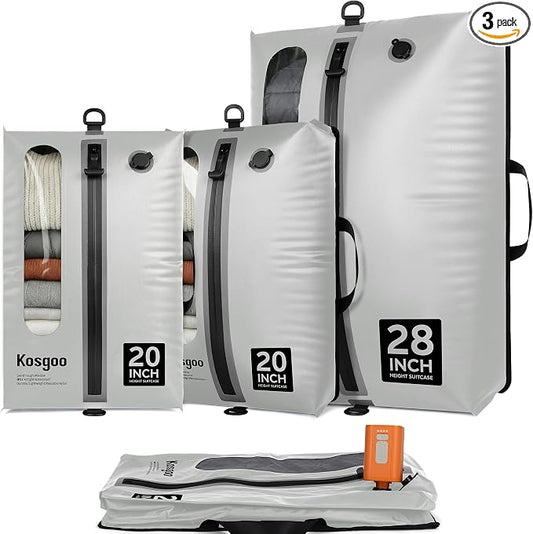 Vacuum Seal Bags for Travel with Pump, Light Grey, 20+20+28 | Reusable Nylon, Compression Packing Cubes, Space Saving for Carry-On Checked Suitcase & Backpack, Odor & Waterproof, 3 Pcs by KOSGOO