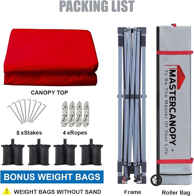 MASTERCANOPY 8x8 Pop Up Canopy Tent, 1 Person Setup Instant Shelter,Outdoor Portable Beach Canopy with Roller Bag, 4 Sandbags, 4 Ropes, 8 Stakes (8x8, Red) - Image 5