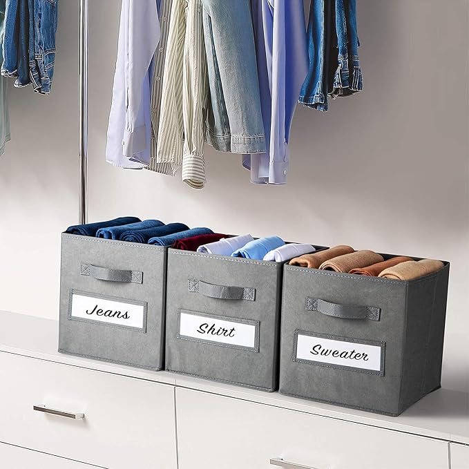13x13x13 storage cube bins(Set of 8) Fabric storage cubes with 8 Labels Window Cards & a Pen, storage cubes 13x13, Collapsible 13 inch cube storage bins, Cubby Organizer Boxes, Gray - Image 6