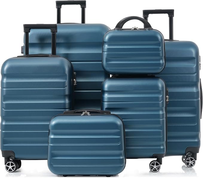 Inky Blue 6 Piece Luggage Set Hard Shell - Traveling Suitcases with Spinner Wheels and Small Cases for Family Travel, Durable Carry On Luggage Sets with Lock for Women and Men - Image 8