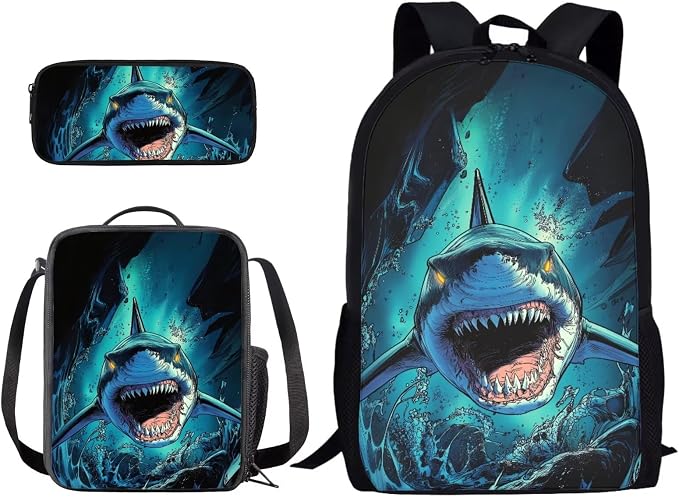 Shark Sea Blue School Bag Set with Reusable Lunch Bag and Pen Bag, Portable Backpack Set for Primary School Students, Large Capacity School Bookbag for Kids by PCSJRKG