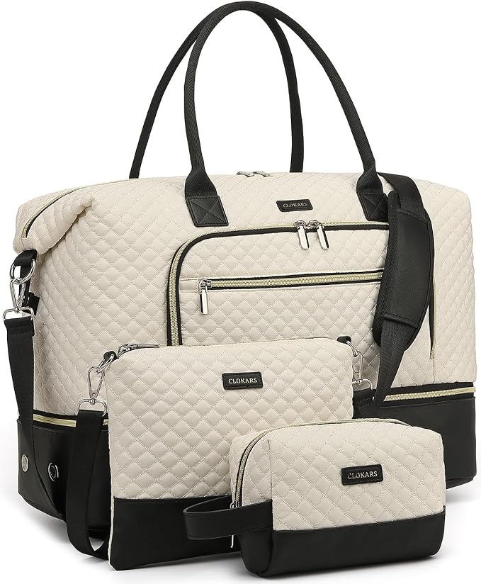 Weekender Bags for Women Travel, Under Seat Carry On Bags for Airplanes Overnight Bag with Shoe Compartment Luggage Sleeve, Foldie Travel Tote Bag Hospital Bag, Travel Gifts, White Black by Unknown