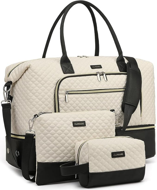 Weekender Bags for Women Travel, Under Seat Carry On Bags for Airplanes Overnight Bag with Shoe Compartment Luggage Sleeve, Foldie Travel Tote Bag Hospital Bag, Travel Gifts, White Black by Unknown