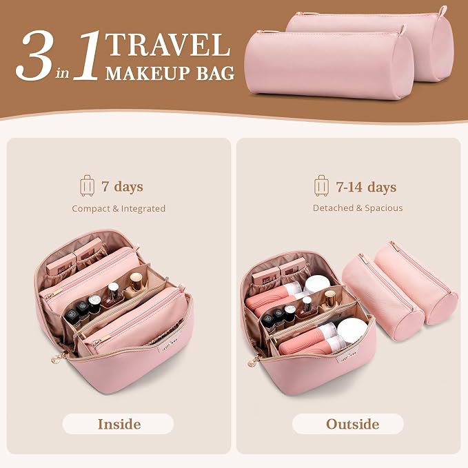 Travel Makeup Bag for Women: 3-in-1 Large Capacity Cosmetics Organizer with 2 Detachable Pouch - Vegan Leather Flat Open Toiletry Bag - Portable Travel Essentials for Full-Sized Bottles(Pink) - Image 2